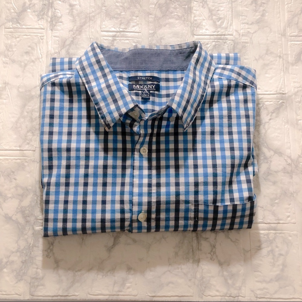 Mens Blue/White Plaid Short-Sleeve Button Down